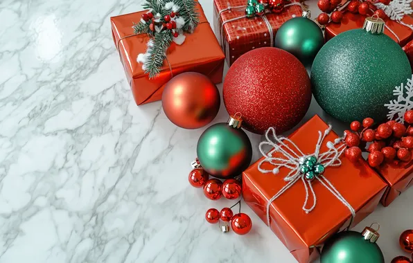 Balls, green, Christmas, gifts, red, New year, marble, box