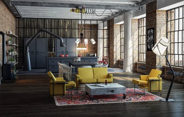 Picture design, style, interior, kitchen, living room, dining room, Industrial Loft