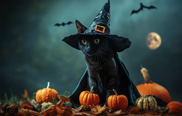 Picture Night, Cat, The moon, Cat, Pumpkin, Halloween, Hat, Halloween