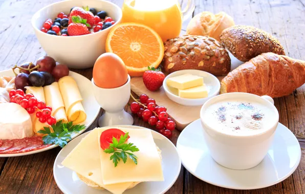 Picture coffee, orange, eggs, Breakfast, cheese, strawberry, juice, grapes