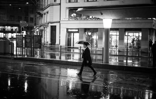 Picture shop, coat, umbrella, people, rain, the city, puddles, lights, street, male, night, walking, city