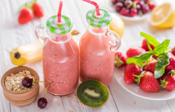 Cherry, lemon, kiwi, strawberry, drink, smoothies