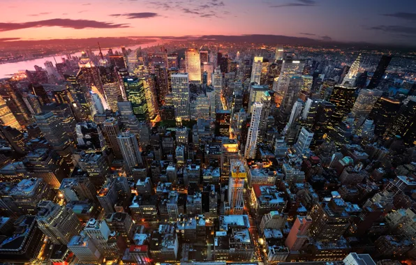 Picture light, sunset, the city, lights, building, home, New York, skyscrapers
