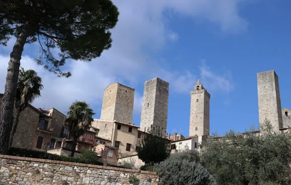 Trees, landscape, tower, home, skyscrapers, Italy, Tuscany, San Gimignano