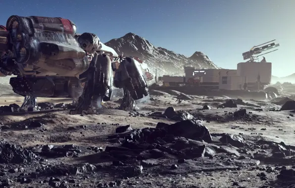 Space, game, planet, starfield, ship, outpost