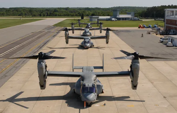 The airfield, the tiltrotor, U.S. Air Force CV-22 Osprey