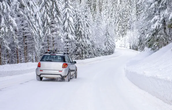 Winter, road, car, snow, trees, landscape, tree, forest