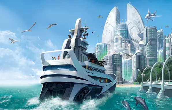 Picture the city, yacht, Anno 2070