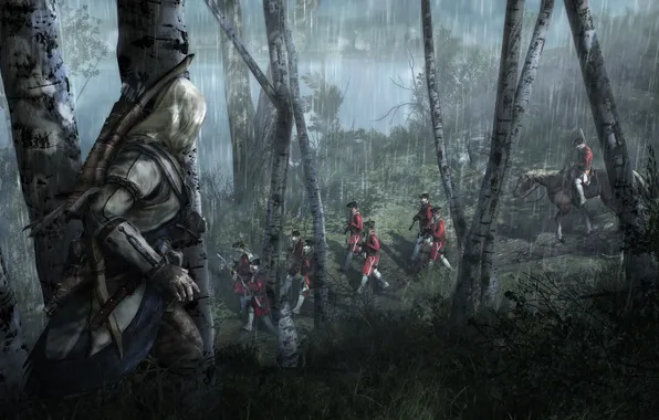 Picture forest, night, rain, soldiers, Assassin's Creed 3, Assassin’s Creed III, Connor Kenuey