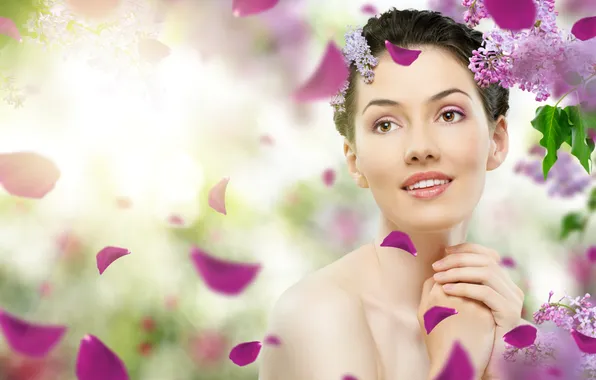 Look, girl, smile, petals, brown hair, charm