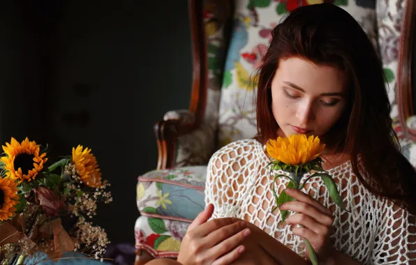 Flower, Flowers, Long hair, Chair, Look, Pose, Sunflower, Auburn