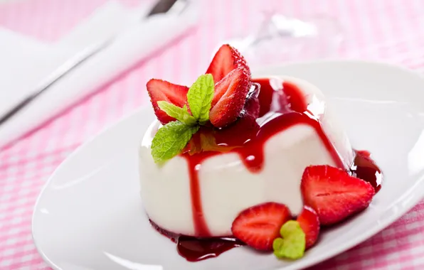 Strawberry, dessert, jam, Panna cotta