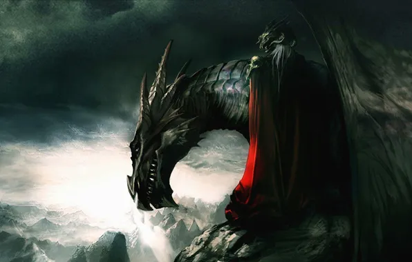 Picture fantasy, mountains, rocks, dragon