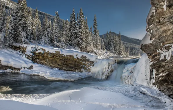 Ice, winter, forest, snow, mountains, river, tree, waterfall