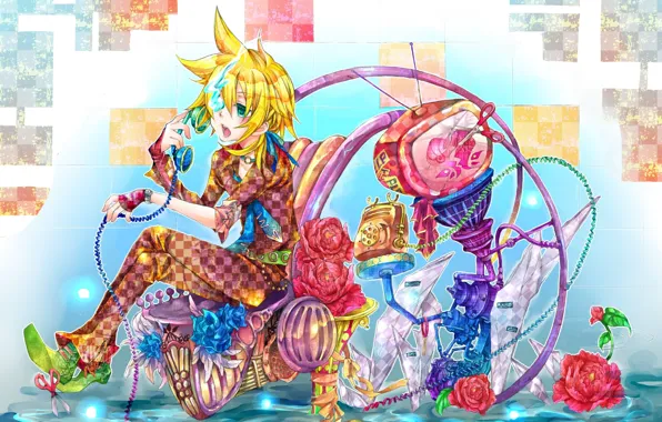 Flowers, TV, phone, Vocaloid, Kagamine Len