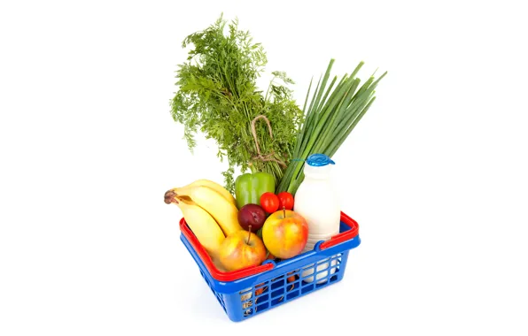 Greens, basket, apples, bottle, bananas, pepper, fruit, vegetables