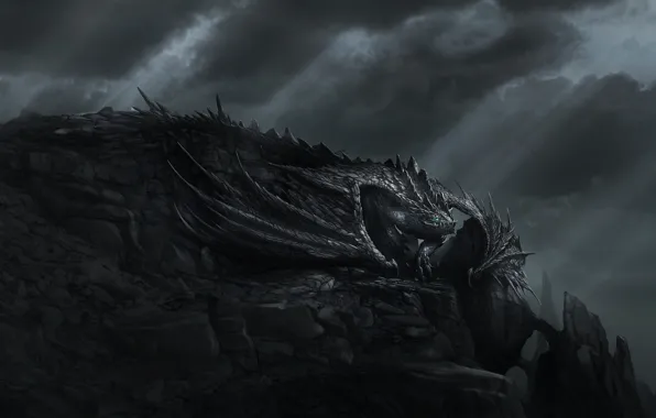 The sky, Mountains, Dragon, Smoke, Rock, Fantasy, Dragon, Art