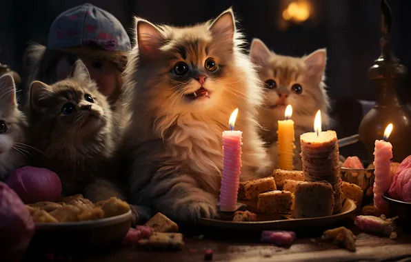 Look, cats, kitty, table, holiday, candles, doll, Christmas