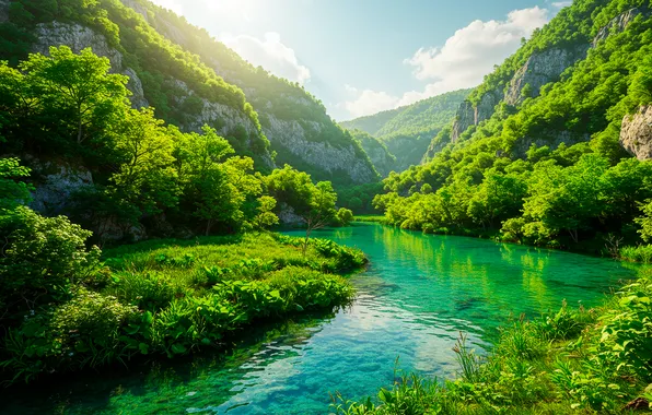 The sky, grass, clouds, trees, mountains, nature, river, Wallpaper