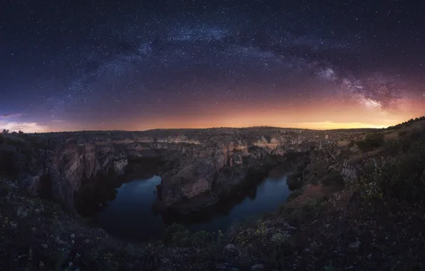 The sky, stars, sunset, night, river, rocks, dawn, The milky way
