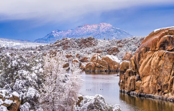 Snow, mountains, rocks, AZ, USA, Granite Dells