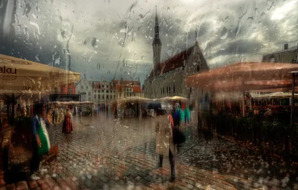 Picture girl, umbrella, Tallinn, summer rain