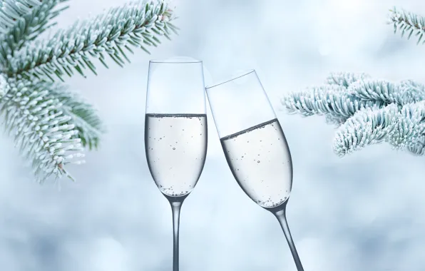 Winter, snow, branches, tree, New Year, glasses, frost, champagne