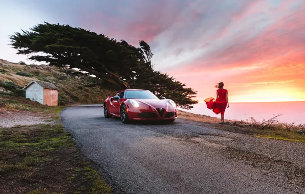 Picture beach, girl, sunset, the wind, dress, Alfa Romeo, Launch Edition, 2015