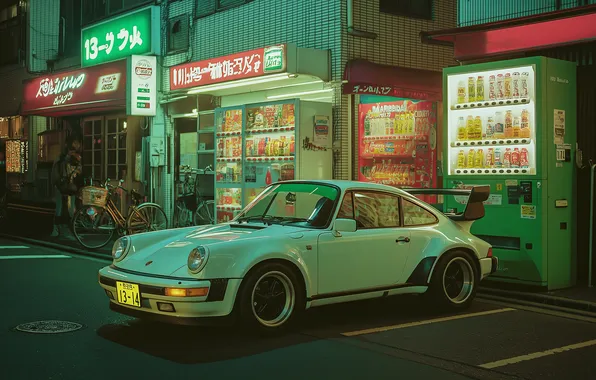 Night, neon, Porsche, Japan, Japan, white, night, neon
