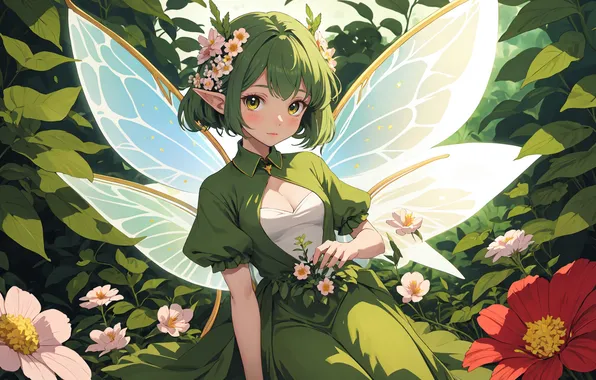 Flowers, anime, fairy, girl