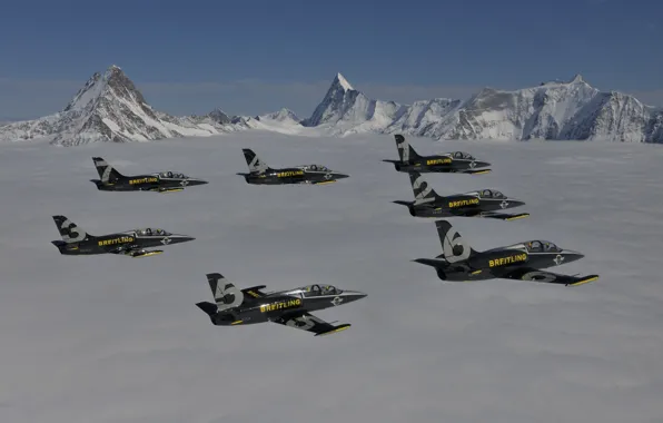 Clouds, the plane, Mountains, Jet, Breitling, Breitling Jet Team, L-39 Albatros