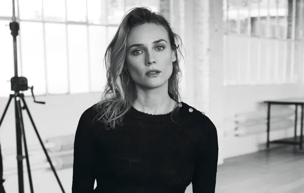 Makeup, actress, hairstyle, black and white, Diane Kruger, Diane Kruger, photoshoot, Studio