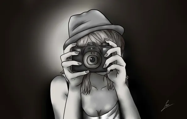 Picture girl, figure, hat, anime, hands, the camera, comics