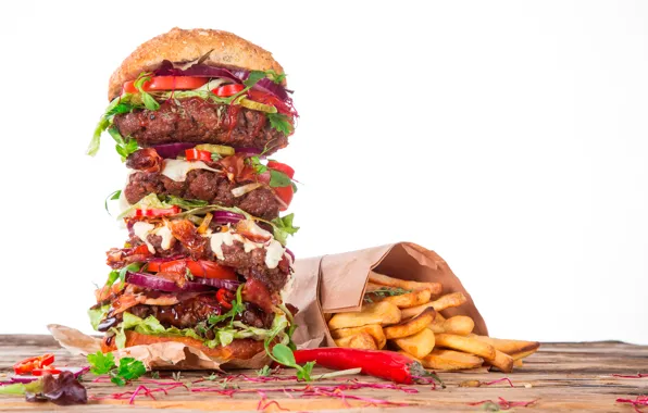Package, meat, white background, pepper, sandwich, vegetables, hamburger, fast food