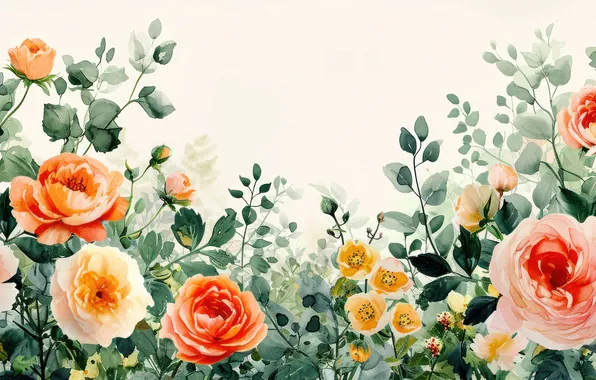 Leaves, flowers, frame, watercolor, red, composition, imitation, imitation painting