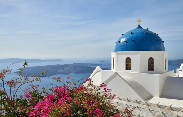 Picture sea, Islands, Santorini, Greece, Church, the dome, Santorini, Greece