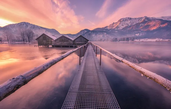 Winter, bridge, lake