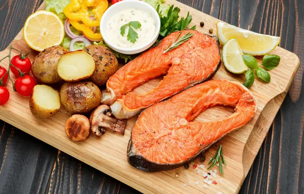 Mushrooms, fish, Board, pepper, vegetables, sauce, spices, potatoes