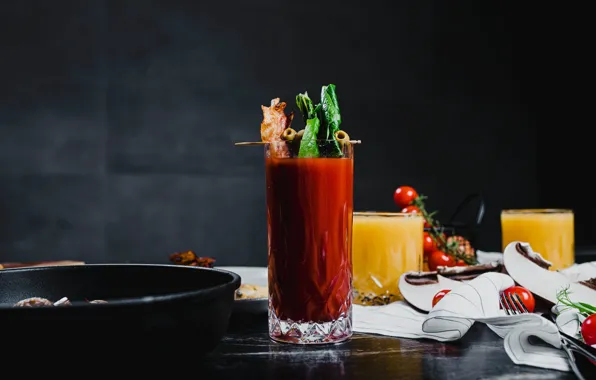 Greens, glass, table, tomatoes, olives, tomato juice, submission