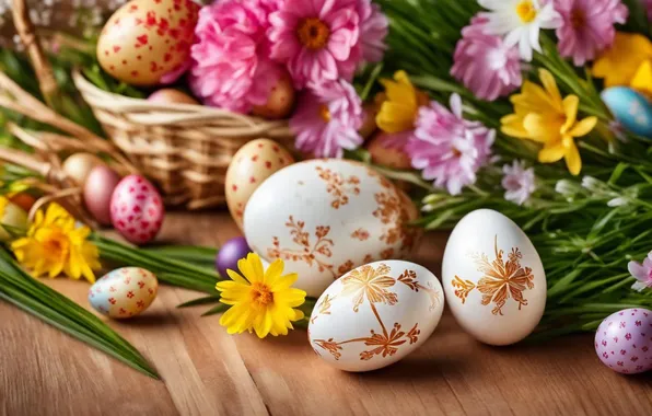 Flowers, eggs, spring, colorful, Easter, happy, flowers, spring