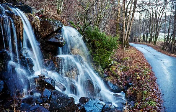 Road, autumn, forest, water, stones, waterfall