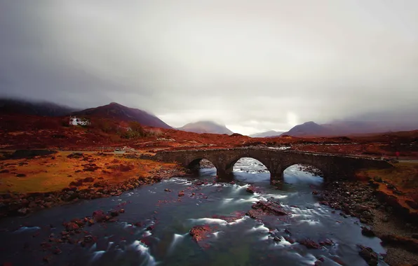The storm, the sky, clouds, bridge, fog, river, hills