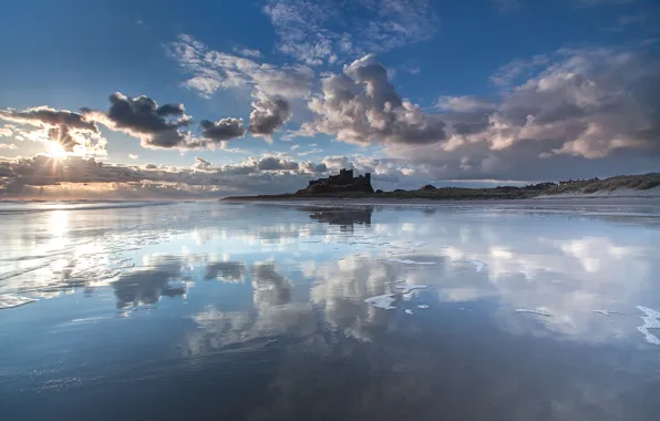Picture sea, the sun, clouds, castle, stranded, Bamburgh Castle, Northumberland coast