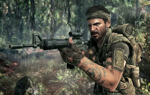 War, tattoo, jungle, soldiers, call of duty, rifle, equipment, black ops