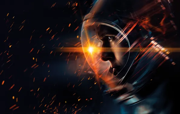 The suit, sparks, black background, poster, astronaut, Neil Armstrong, Ryan Gosling, Ryan Gosling