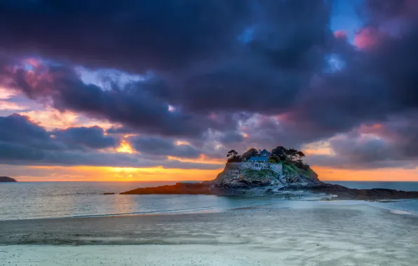 Picture sea, beach, the sky, clouds, sunset, rock, house, shore