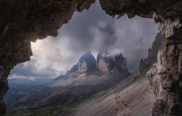 Mountains, stones, rocks, view, cave, arch, The Dolomites