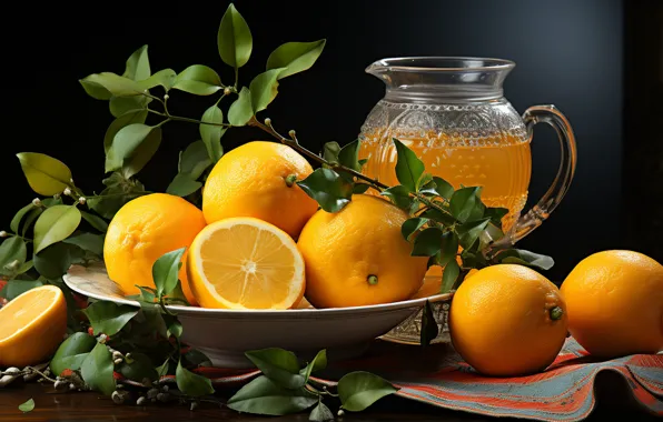 Leaves, table, towel, oranges, branch, juice, drink, pitcher