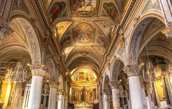 Picture Italy, columns, architecture, religion, painting, Portofino, the nave, the Church of San Martino