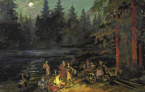 Forest, landscape, night, picture, the fire, Konstantin Korovin, Gypsies by the River. Yaroslavl Province